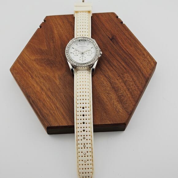 Women's Silver Tone Multi-Dial Watch Crystal Rhinestone Beige Dot Band Bling - Picture 4 of 6